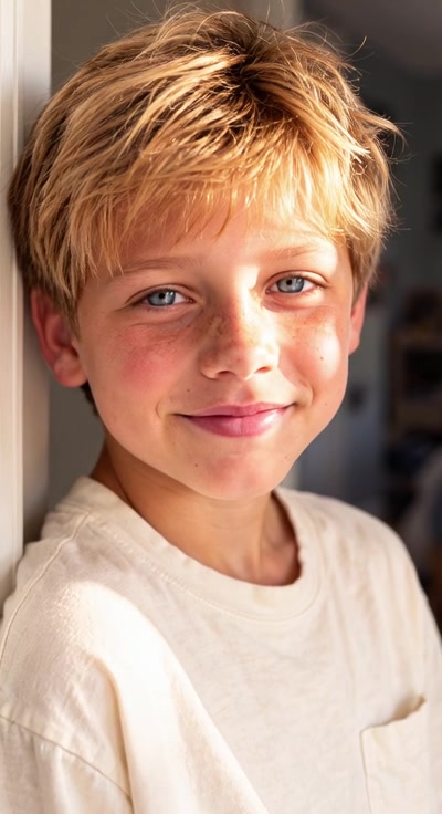 Eli with a small smile facing the camera